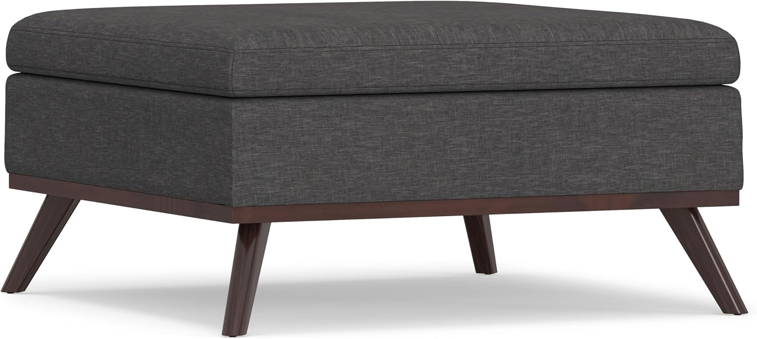 SIMPLIHOME Owen 36 inch Wide Mid Century Modern Square Coffee Table Storage Ottoman in Slate Grey Linen Look Fabric, Assembled, for the Living Room, Entryway and Family Room