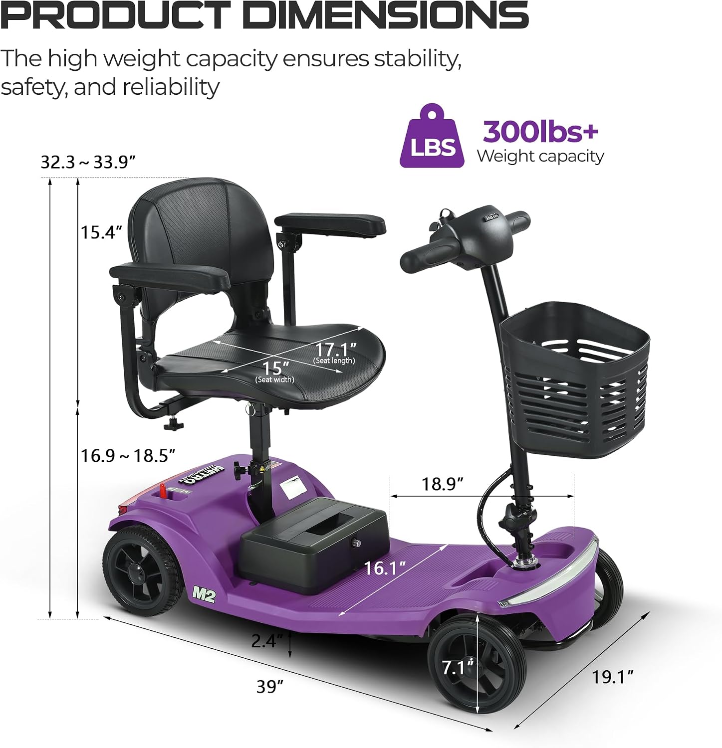 Mobility Scooters for Seniors & Adults 350 Lb Weight Foldable,All-Terrain 4-Wheel Powered Scooter,Lightweight Foldable Disability Electric Wheelchair,Front Rear Led Lights with Basket,Purple