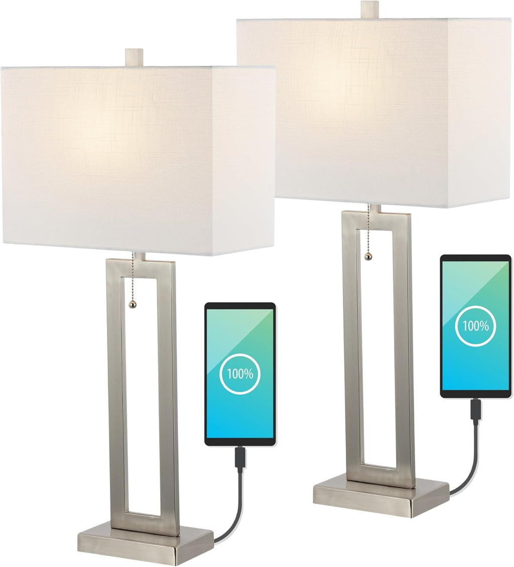 JONATHAN Y 28.5' Nickel Table Lamp Set of 2 with USB Port and Pull Chain, Modern Industrial Bedside Lamp for Living Room, Rectangular White Linen Shade, LED Bulb (JYL1126B-SET2)