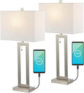 JONATHAN Y 28.5' Nickel Table Lamp Set of 2 with USB Port and Pull Chain, Modern Industrial Bedside Lamp for Living Room, Rectangular White Linen Shade, LED Bulb (JYL1126B-SET2)