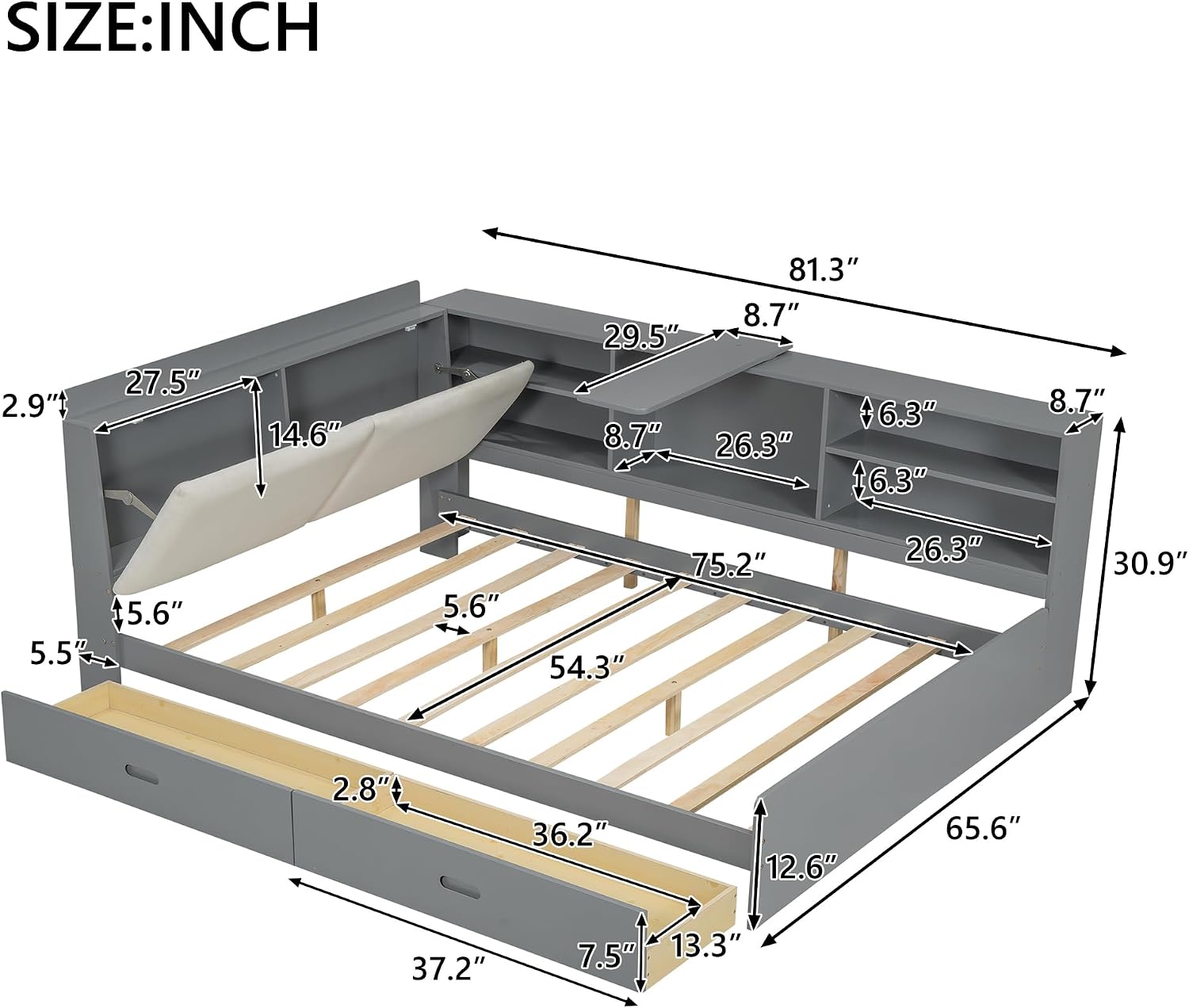 Full Daybed with Storage Headboard, Corner Platform Bed with Shelves, Storage Board and 2 Drawers, Solid Wooden Slats Support, Gray