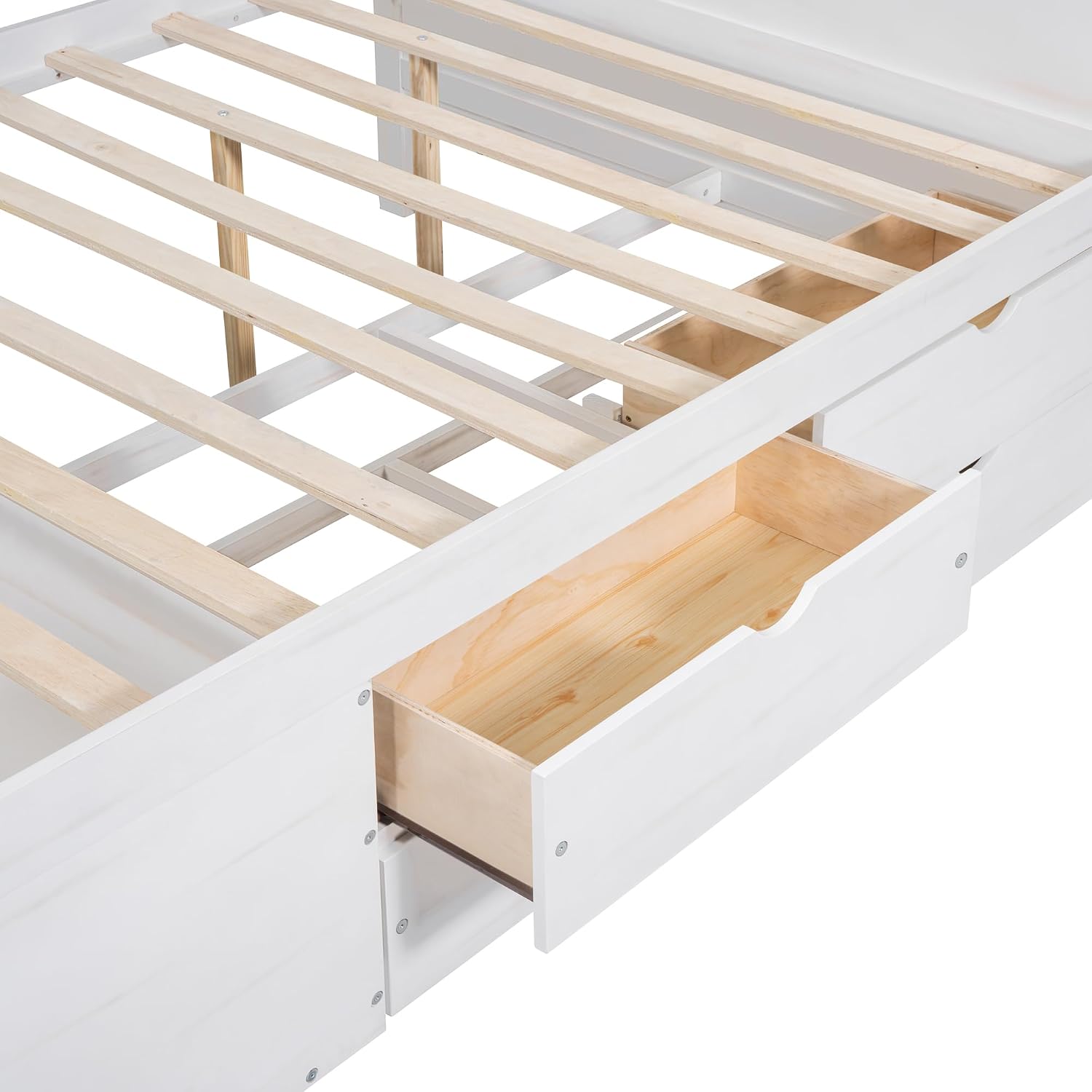 White Full Size L-Shaped Daybed with 4 Storage Drawers & Shelves,Wooden Corner Day Bed Frame with Headboard & Bookcase for Boys,Girls,Small Room,Guest Room,kids'Room,No Box Spring Needed