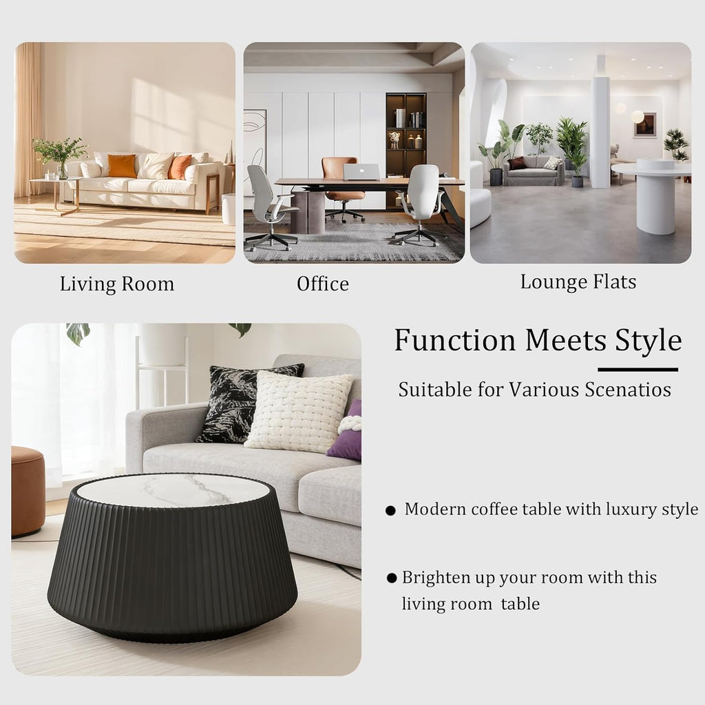 Black Round Coffee Table with Sintered Stone Tabletop, 26.77' Drum Coffee Table with Fluted PU Leather Covered and Stable Base, Circle Cocktail Tea Table for Living Room