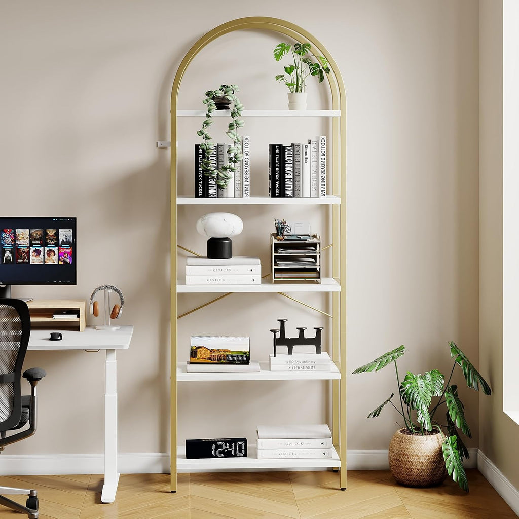 Takywep Bookshelf, Arched Bookcase with Metal Frame 5 Tiers Bookshelf Industrial Arched Cabinet Display Shelf Floorstanding Storage Shelving Unit for Bedroom Living Room Home Office, White and Gold