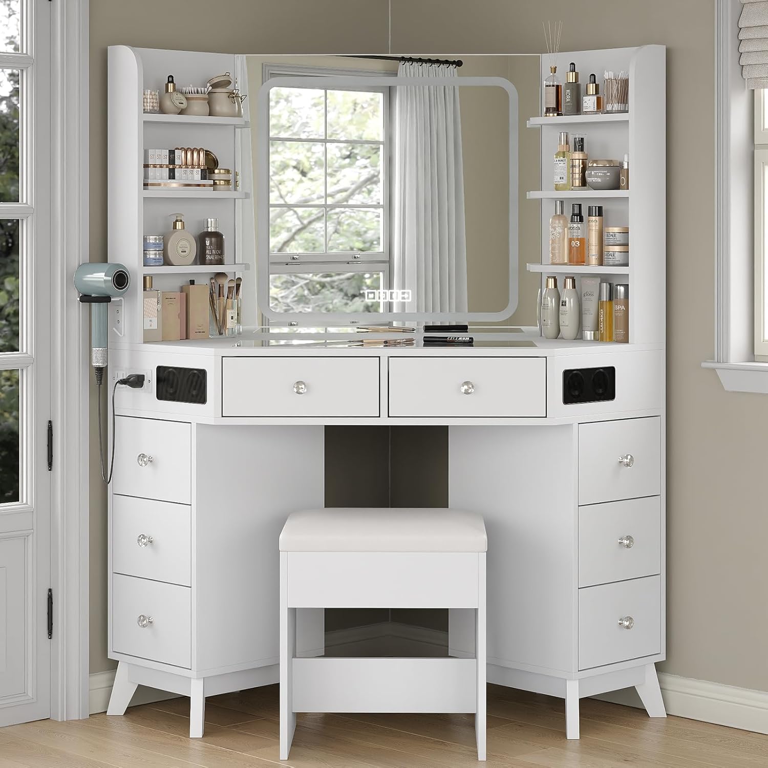 Yanosaku Corner Vanity Desk with Buil-in Speaker, 8 Drawers & 6 Shelves, Makeup Vanity with Glass Top, Modern Vanity with Mirror and Lights, 3 Color Lighting Modes, Dressing Table for Bedroom, White