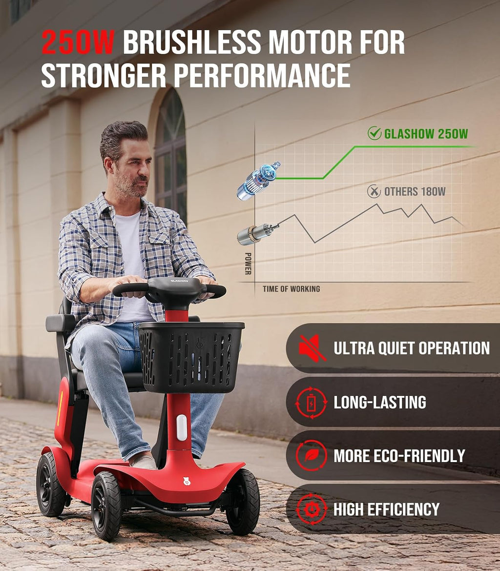 Glashow S3 Foldable Mobility Scooter for Seniors and Adults – 4-Wheel Lightweight Electric Scooter, 25-Mile Range, 6 mph Max Speed, 265 lb Capacity, PAI Safety System for Outdoor Travel- Red