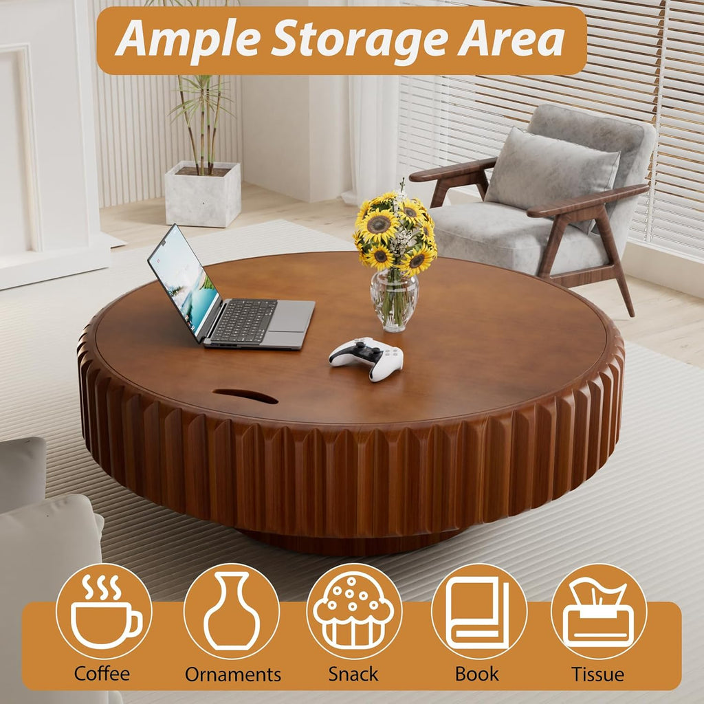Drum Coffee Table with Hidden Storage, Modern Round Coffee Table for Living Room Circle Center Table with Solid Wood Fluted Veneered, Accent Tea Table for Small Space Apartment (Walnut 39.37 inch)