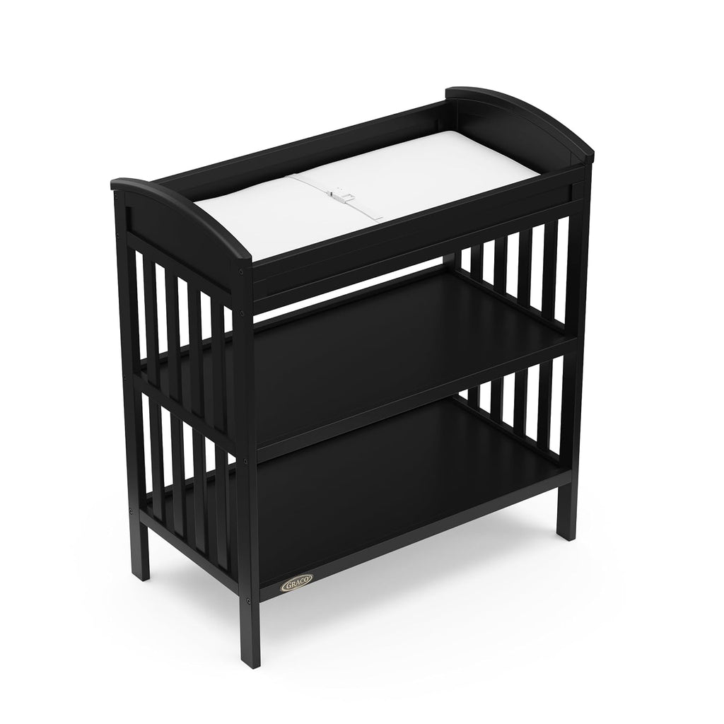 Graco Benton Changing Table with Bonus Water-Resistant Changing Pad (Black) - GREENGUARD Gold Certified, Includes Diaper Change Pad with Safety Strap, 2 Open Storage Shelves for Organizing