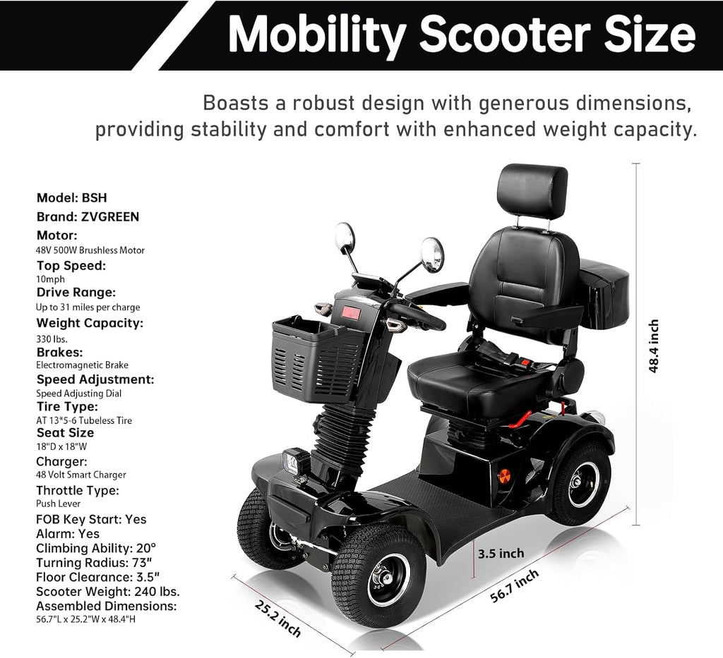 Mobility Scooters for Seniors & Adults 400 Lb Weight Capacity,4-Wheel Heavy Duty Foldable Portable Scooter,All-Terrain Disability Electric Wheelchair,Electromagnetic Brake,Storage Box,Black