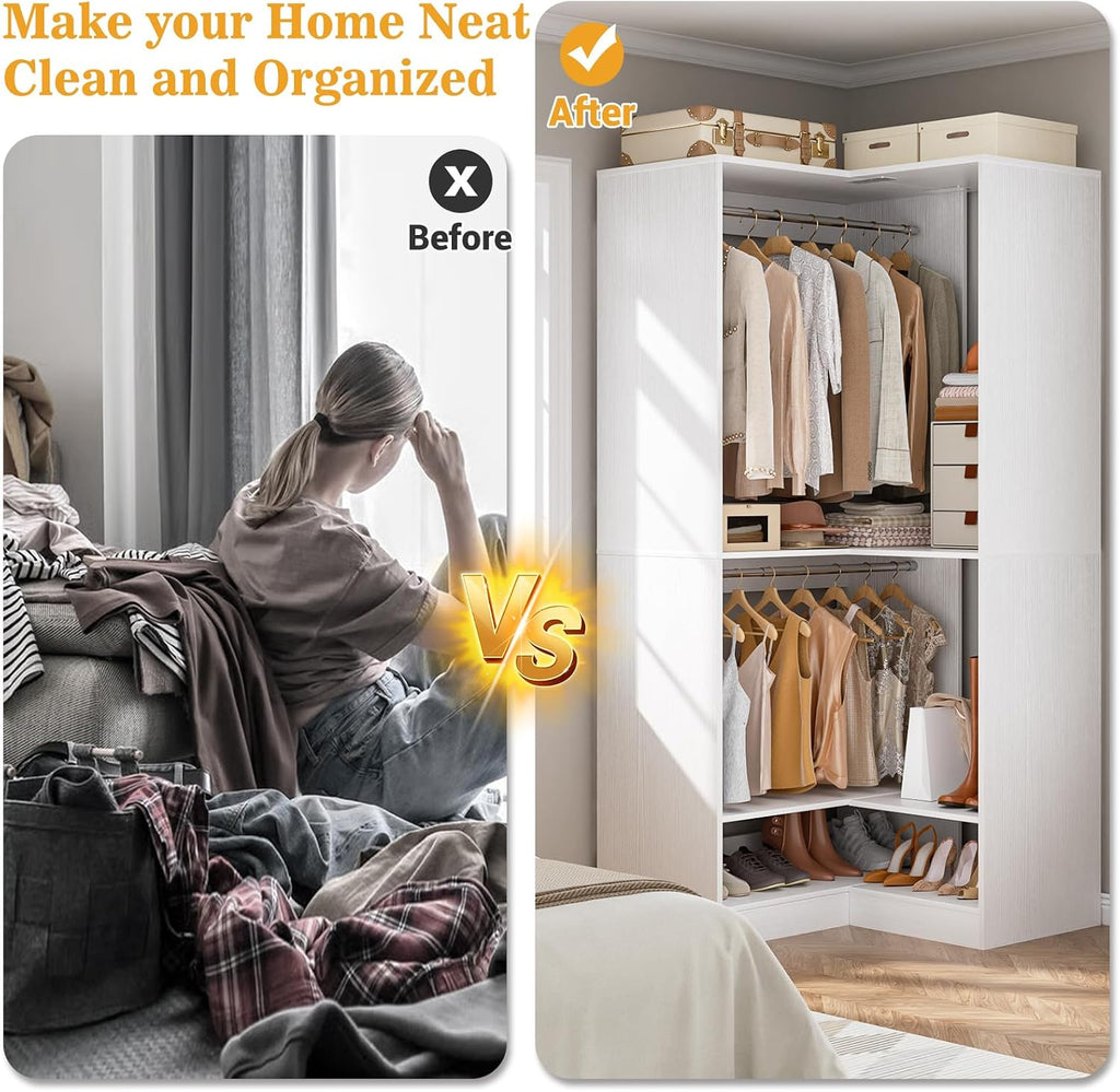 Homieasy Corner Closet System Modular with Upper & Lower Hanging Areas and Shoe Shelf, Corner Wardrobe Organizer, Easy Assembly, Anti-Tip Design, Perfect for Bedroom or Walk-In Closet, White