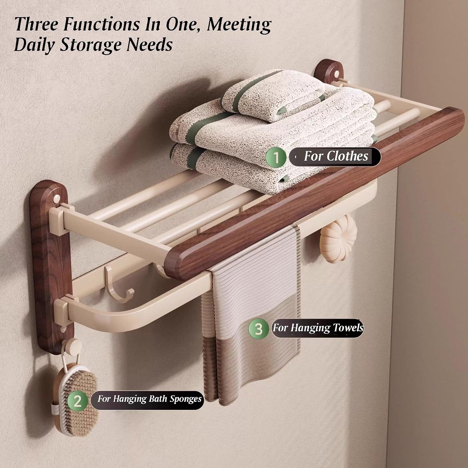 Space Aluminum+Solid Wood Towel Rack,Double Layer Bar Wall Mounted,with Foldable Shelf and Hooks,Bathroom Accessories,for Bedroom Bathroom Kitchen