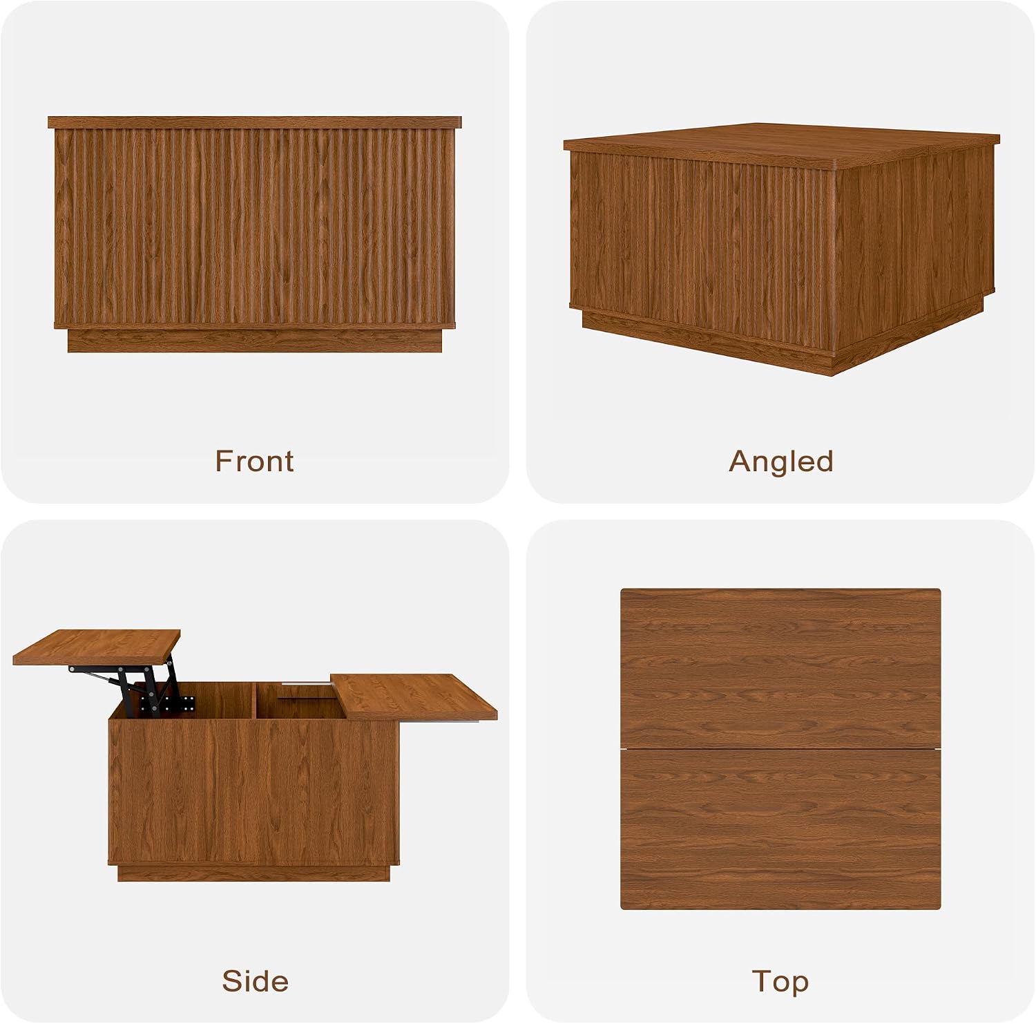 Fluted Coffee Table with Lifting Top, 31.5' Square Coffee Table with Storage, Mid Century Modern Center Table for Living Room, Home Office, Brown