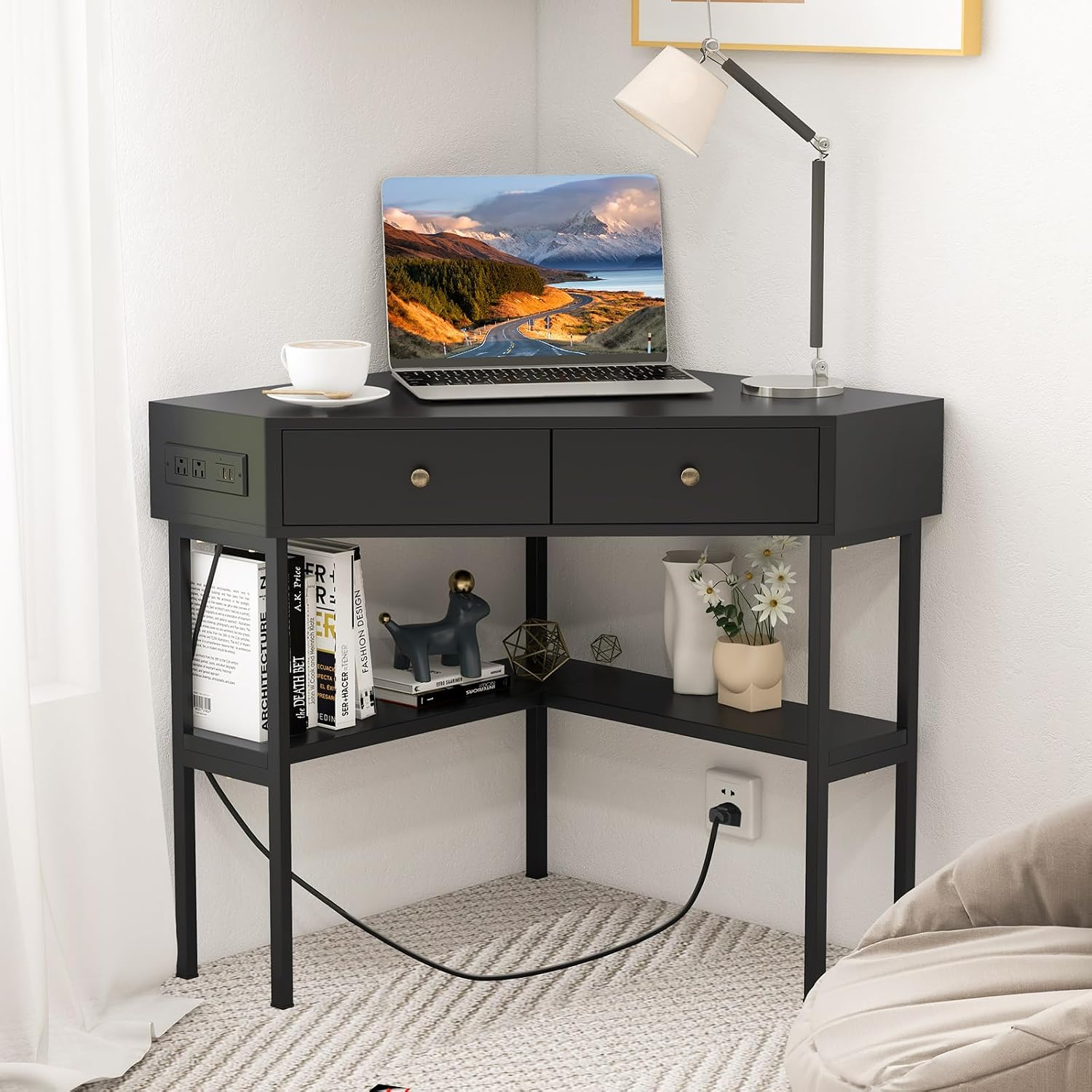 Giantex Corner Desk with Charging Station, 90 Degree Triangle Computer Desk with 2 Drawers & Storage Shelf, L-Shaped Writing Desk Makeup Vanity Table, Compact Corner Desk for Small Spaces (Black)