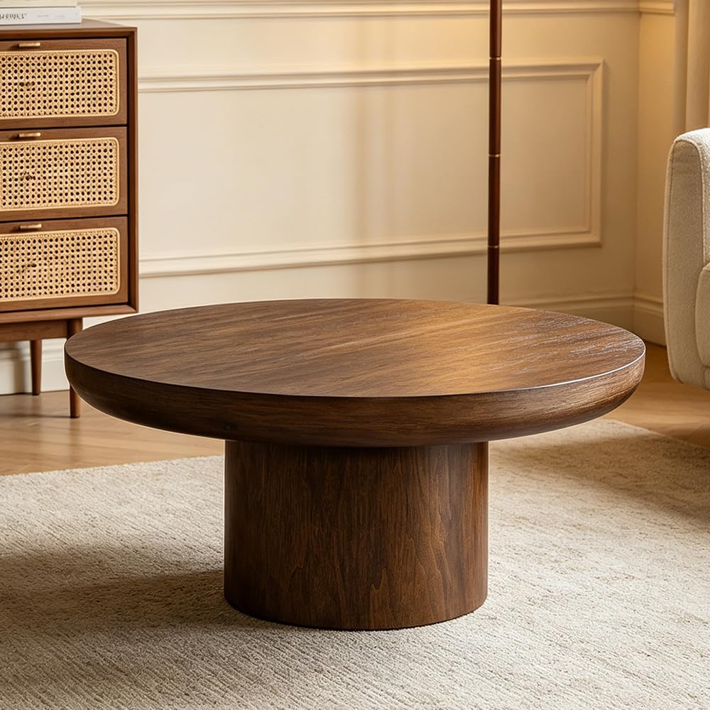 WILLIAMSPACE 35.98' Round Coffee Table with Cylindrical Base, Modern Wood Drum Center Table, Accent Side End Table for Living Room Apartment, φ35.98'*15.98'H (Dark Brown)