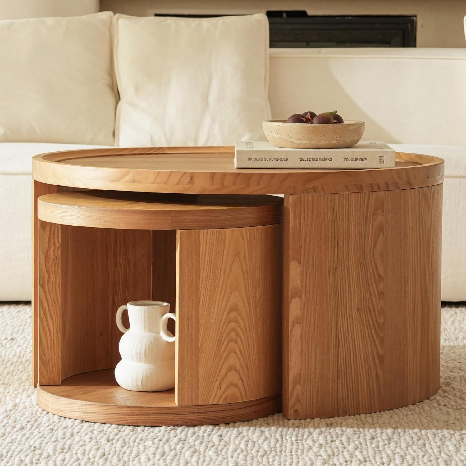 Round Nesting Coffee Table Set of 2, Brown Coffee Table, 31.5' Large & 18' Small Low Tables with Wood Top, Center Table for Living Room, Bedroom, Minimalist Center Table Set