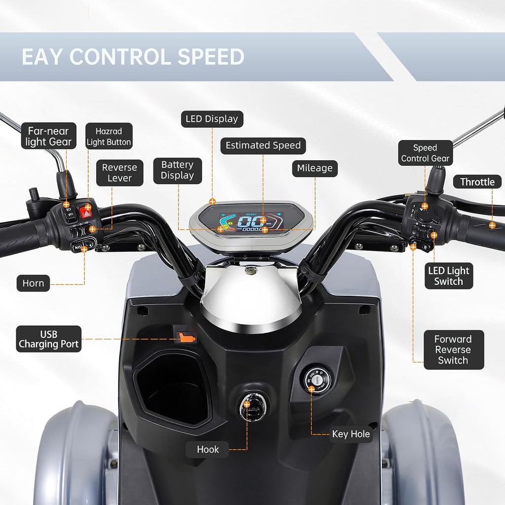 Mobility Scooters for Seniors & Adults 400 Lb Weight Foldable,All-Terrain 4-Wheel Heavy Duty Portable Scooter,Disability Mobile Electric Wheelchair,Luxury Seat and Front Rear Led Lights,Silver