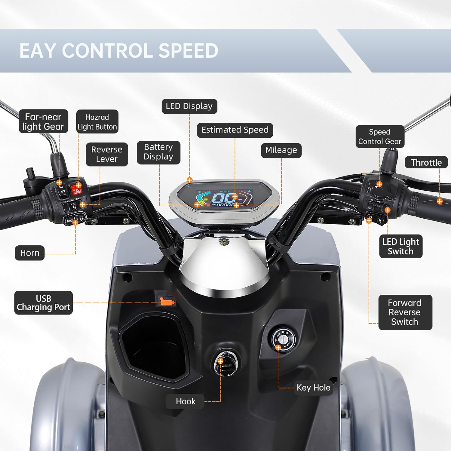 Mobility Scooters for Seniors & Adults 400 Lb Weight Foldable,All-Terrain 4-Wheel Heavy Duty Portable Scooter,Disability Mobile Electric Wheelchair,Luxury Seat and Front Rear Led Lights,Silver