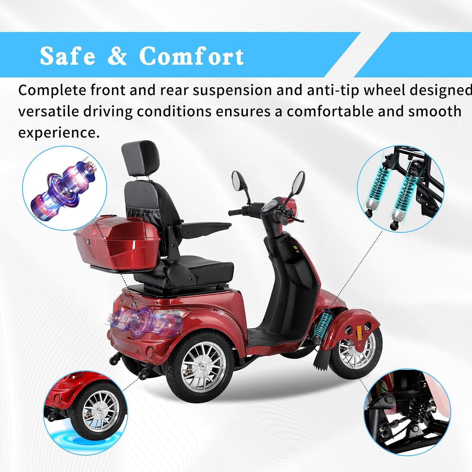 Mobility Scooters for Seniors,Heavy-Duty 4 Wheel Mobility Scooters for Travel,500LBS Capacity 1000W All Terrain Handicap Scooters for Adults (Red1-afd)