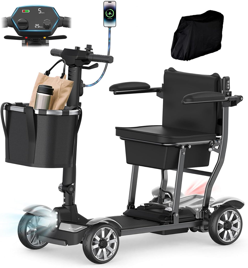Mobility Scooter for Adults, 4 Wheel Motorized Mobility Scooter w/Portable Aluminium Frame, 350LBS Capacity & Lithium Battery, 15Miles Electric Powered Mobility for Outdoor (Silver, 15 MI)