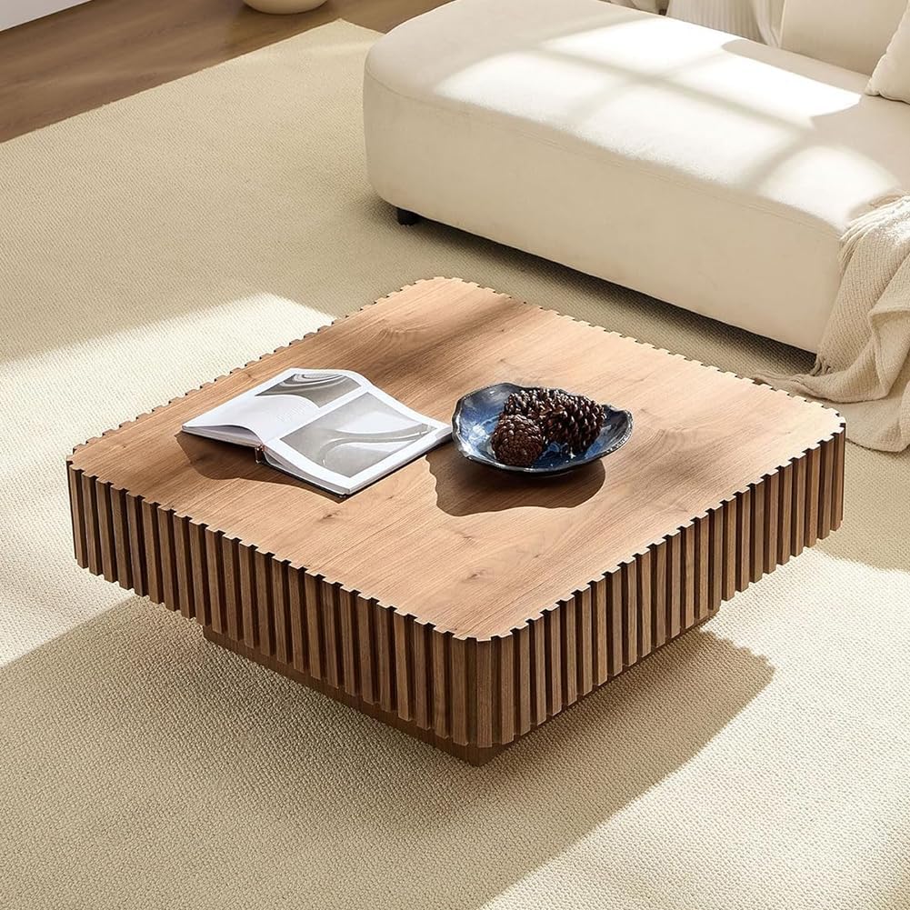 35.43'' Square Coffee Table for Living Room Fluted Coffee Table Modern Pedestal Center Tables for Apartment (Walnut)