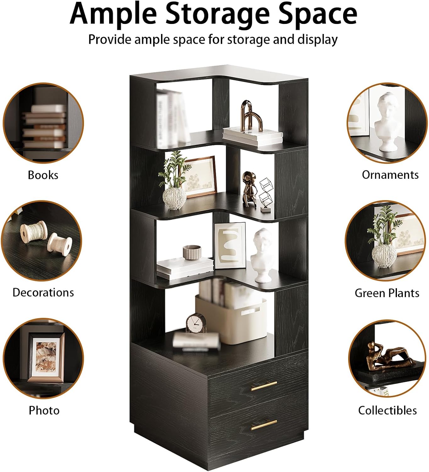 Corner Bookshelf with Drawers,66.9' L Shaped Tall Bookshelf and Bookcase,5 Tier Corner Bookcase with Storage Display Shelf Stand for Home Office, Living Room, Bedroom, Kitchen