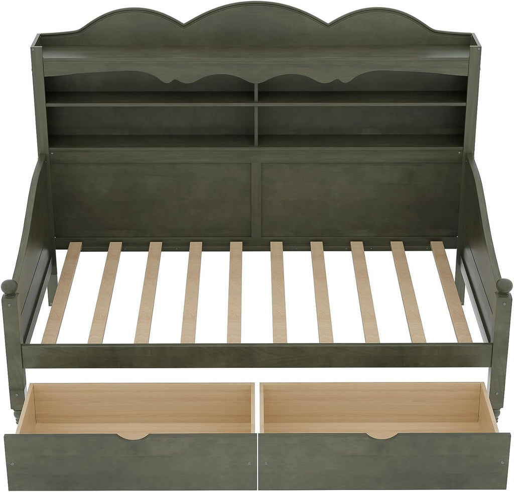Harper & Bright Designs Corner Bed Frame Twin with Bookcase Headboard and Storage Drawers,Wood Day Bed Frame for Kids Teens,Antique Grey