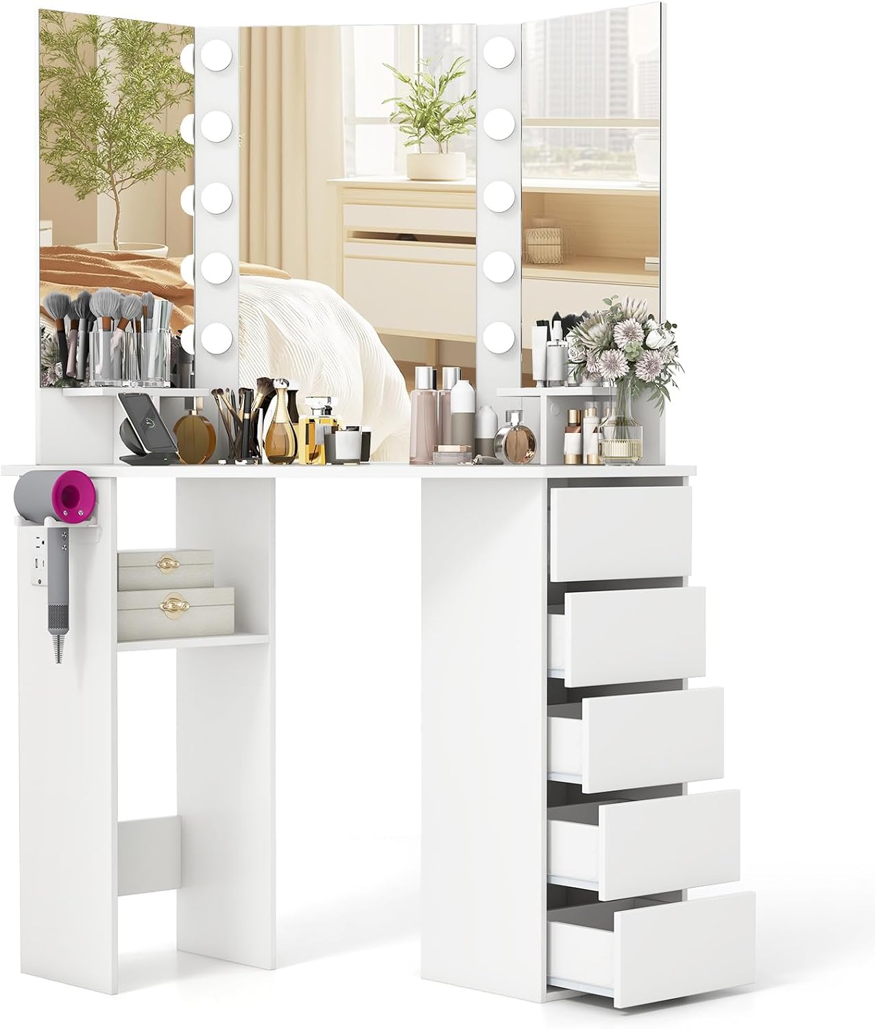 LOKO Corner Makeup Vanity Desk, Makeup Dresser Table with 3 Color Lighting, Power Outlets, 5 Drawers, Shelves, Makeup Vanity Set for Bedroom, Cloakroom (White)