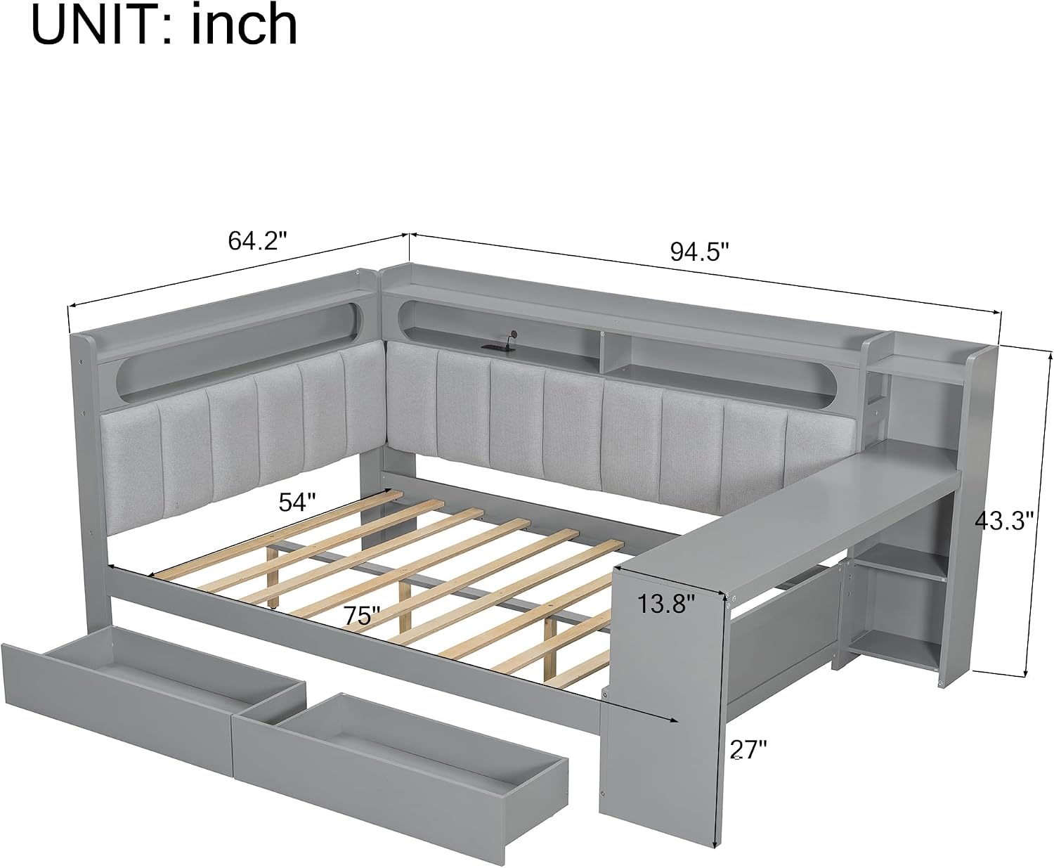 SOFTSEA Full Size Corner Bed with Desk, Drawers, L-Shaped Daybed with LED Lights, USB Ports & Upholstered Headboard, Full Corner Daybed Frame with Desk for Kids Teens, Gray