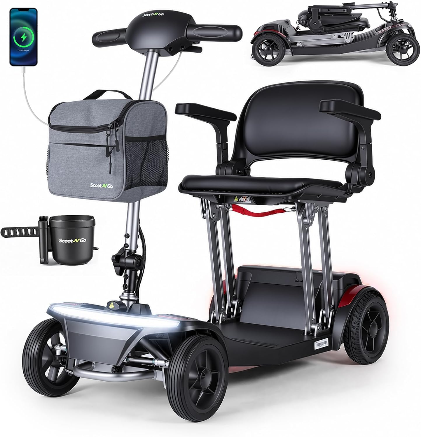 ScootNGo Mobility Scooter for Seniors & Adults Foldable, Airline Approved, 44Lbs Lightweight 4 Wheel Electric Scooter, Portable for Travel, with Removable Battery & USB Port