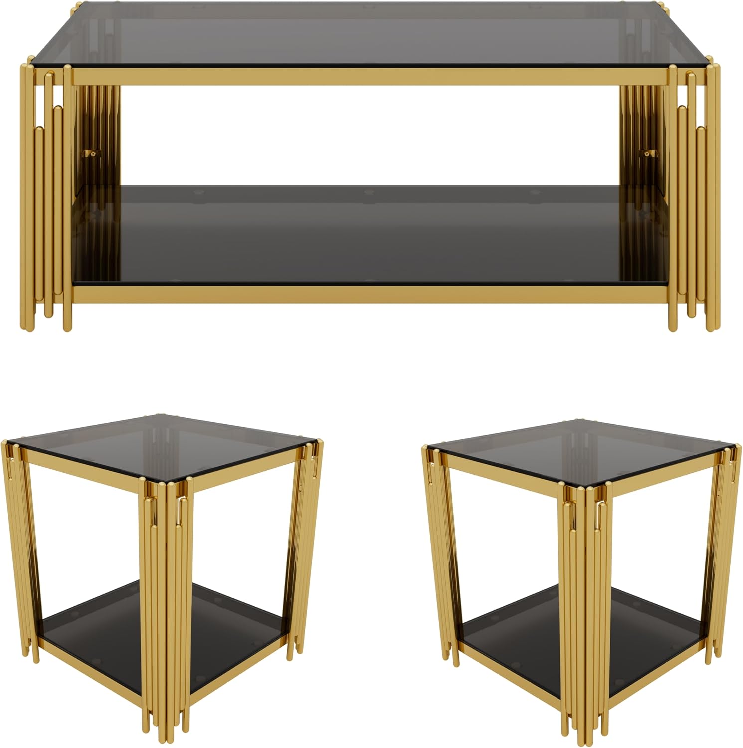 Merax Table Set of 3, with 1 Rectangle Coffee Table & 2 Square End Tables, Black Mirror, Asymmetrical Metal, Gold Finish & Lower Shelf, for Living Room Apartment, Black