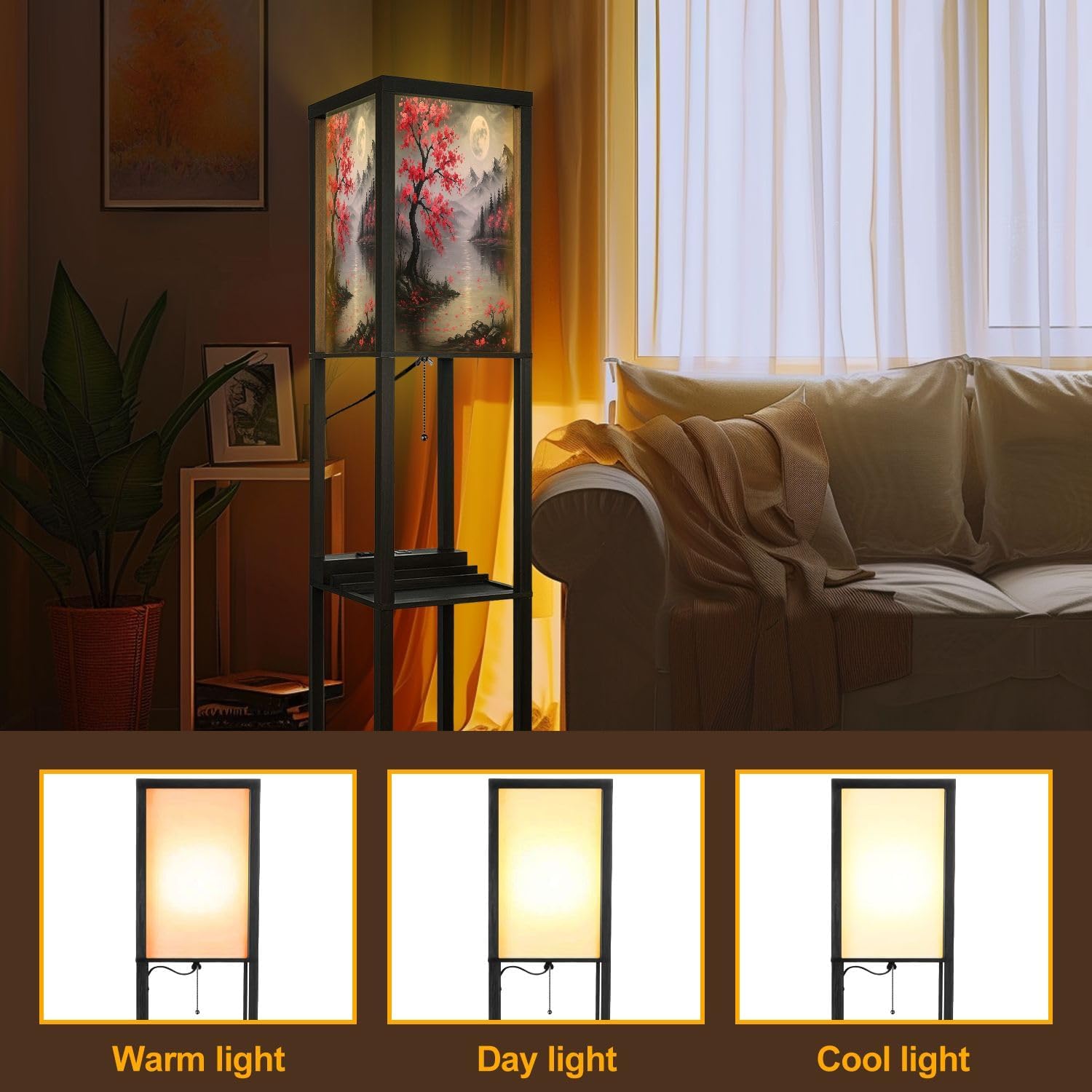 Floor Lamp with Shelves Grey Red Plum Blossom Tree Full Moon Landscape Contemporary Cherry Standing Tall Lamp USB Ports & Power Outlet Modern Corner Lamp Nightstand Light for Living Room Bedroom