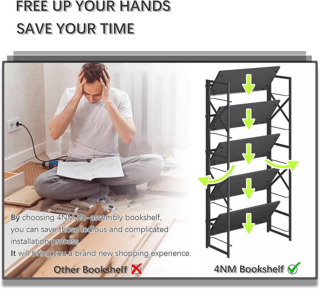 4NM 5 Tiers No Assembly Book Shelves, 51.2' H Folding Bookshelf Bookcase Open Industrial Foldable Shelves for Bedroom, Living Room, Home Office - All Black