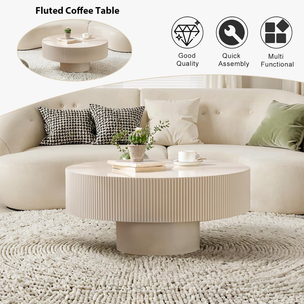 Round Fluted Coffee Table Mid Century Modern Coffee Tables with Handcrafted Relief Circle Drum End Table Rustic Industrial Center Tables for Apartment Living Room (White Round Thick)