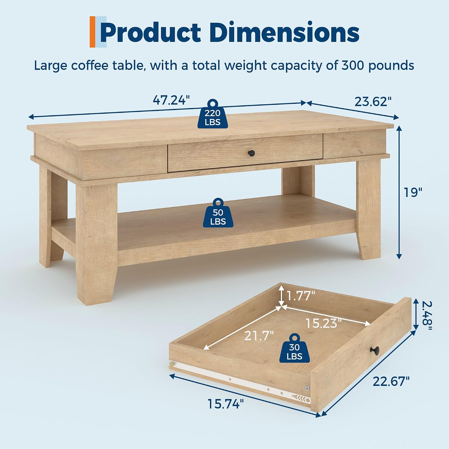 Takywep Rectangular Coffee Table with Drawer and Open Shelf, Long Center Table for Living Room, Rustic Finish, Stable Four Leg Structure, Easy to Clean Surface, Heavy Duty Storage Design, Light Wood