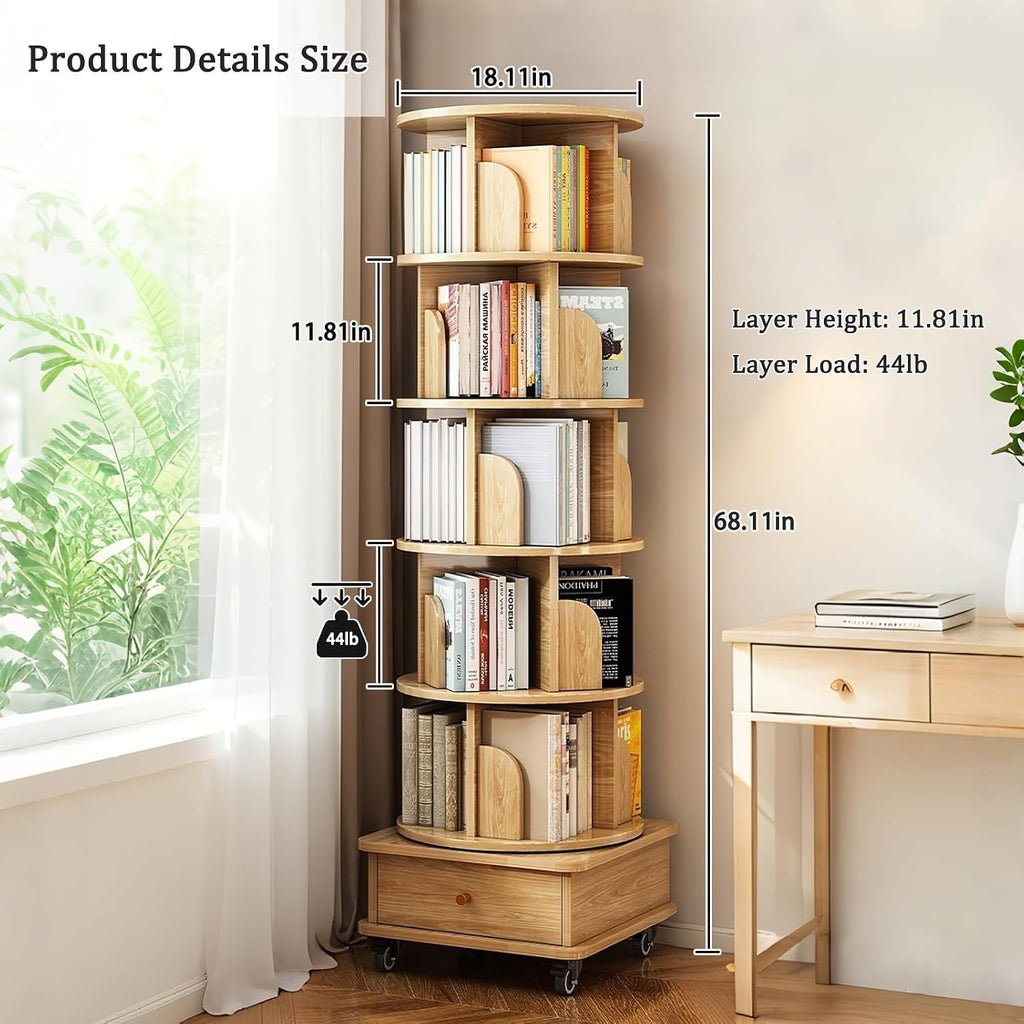 6 Tier Rotating Bookshelf 360° Spinning with Wheels & Drawer, Space Saving Storage Shelf for Small Spaces, Home Office Corner, Living Room, Bedroom
