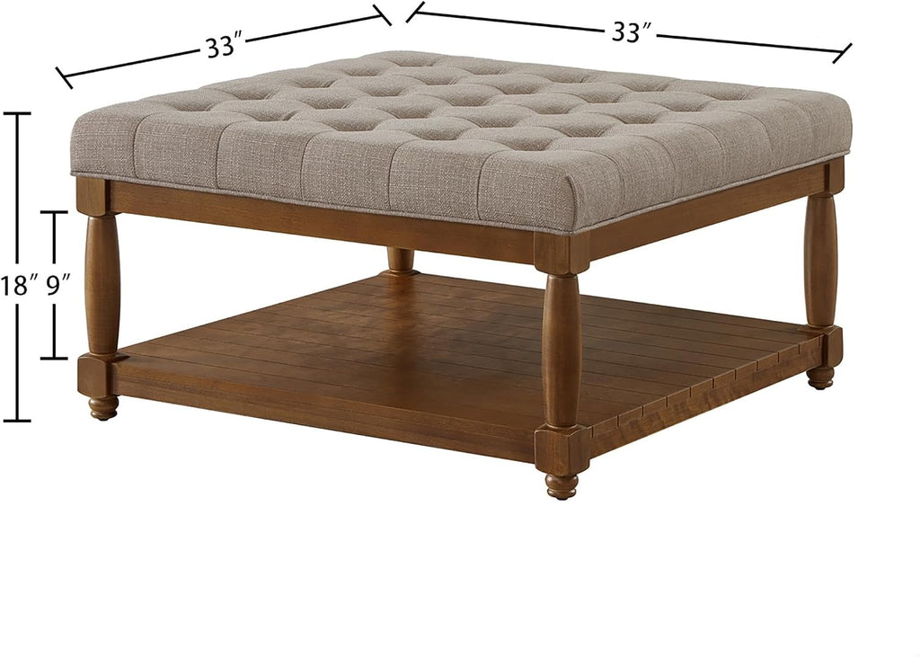 GDFStudio Large Square Upholstered Tufted Linen Ottoman Coffee Table with Solid Wood Frame and Open Storage Shelf, Nailhead Trim Accent Footrest for Living Room, Linen