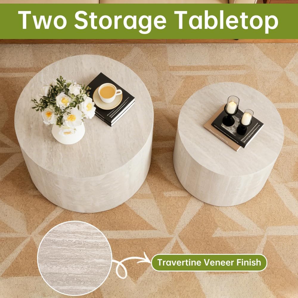 Round Nesting Coffee Tables Modern Travertine Coffee Table Small Round Coffee Tables Circular Side Table Accent End Table Nested Coffee Table Set for Living Room (Travertine B)