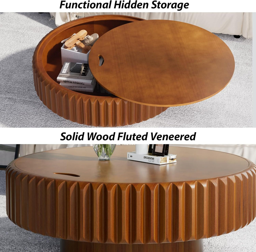 Drum Coffee Table with Hidden Storage, Modern Round Coffee Table for Living Room Circle Center Table with Solid Wood Fluted Veneered, Accent Tea Table for Small Space Apartment (Walnut 39.37 inch)