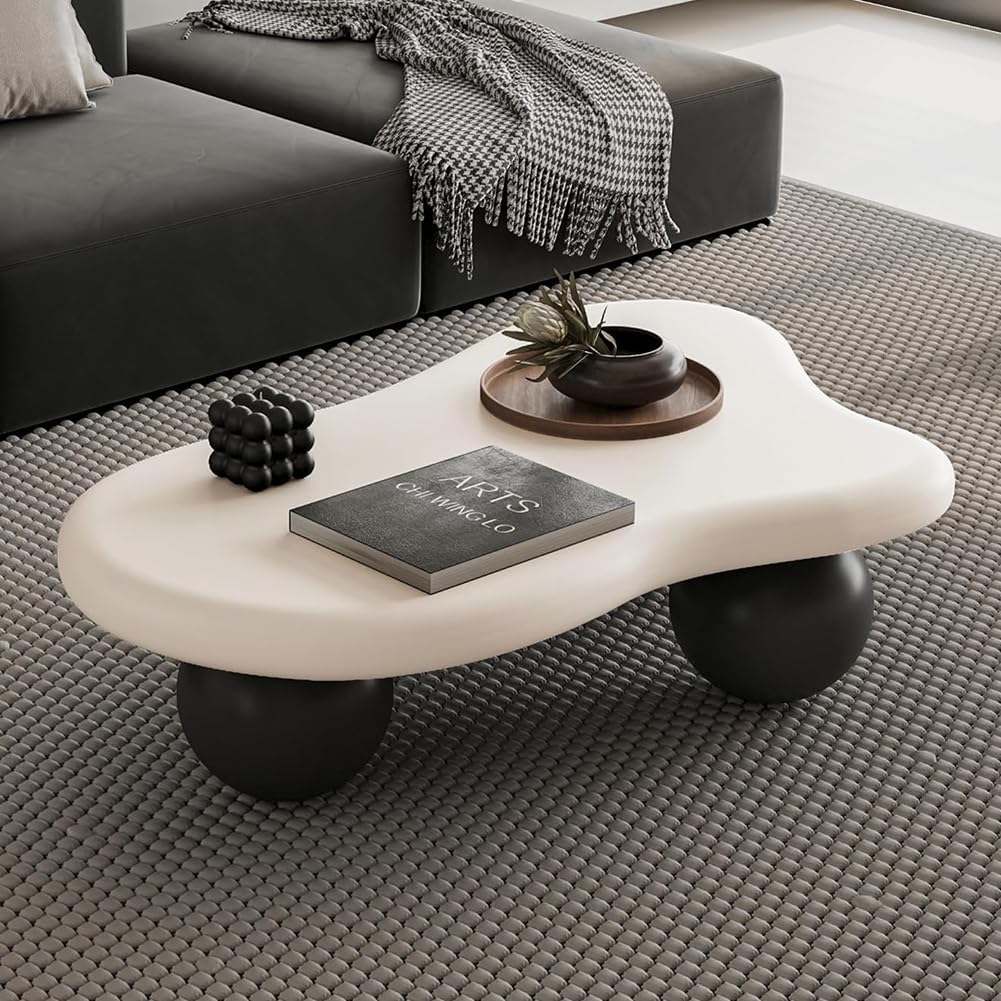 40' Cloud Coffee Table for Living Room Irregular Coffee Table Modern Low Coffee Tables Cute Small Center Table with 3 Ball Legs for Small Space Apartment White & Black