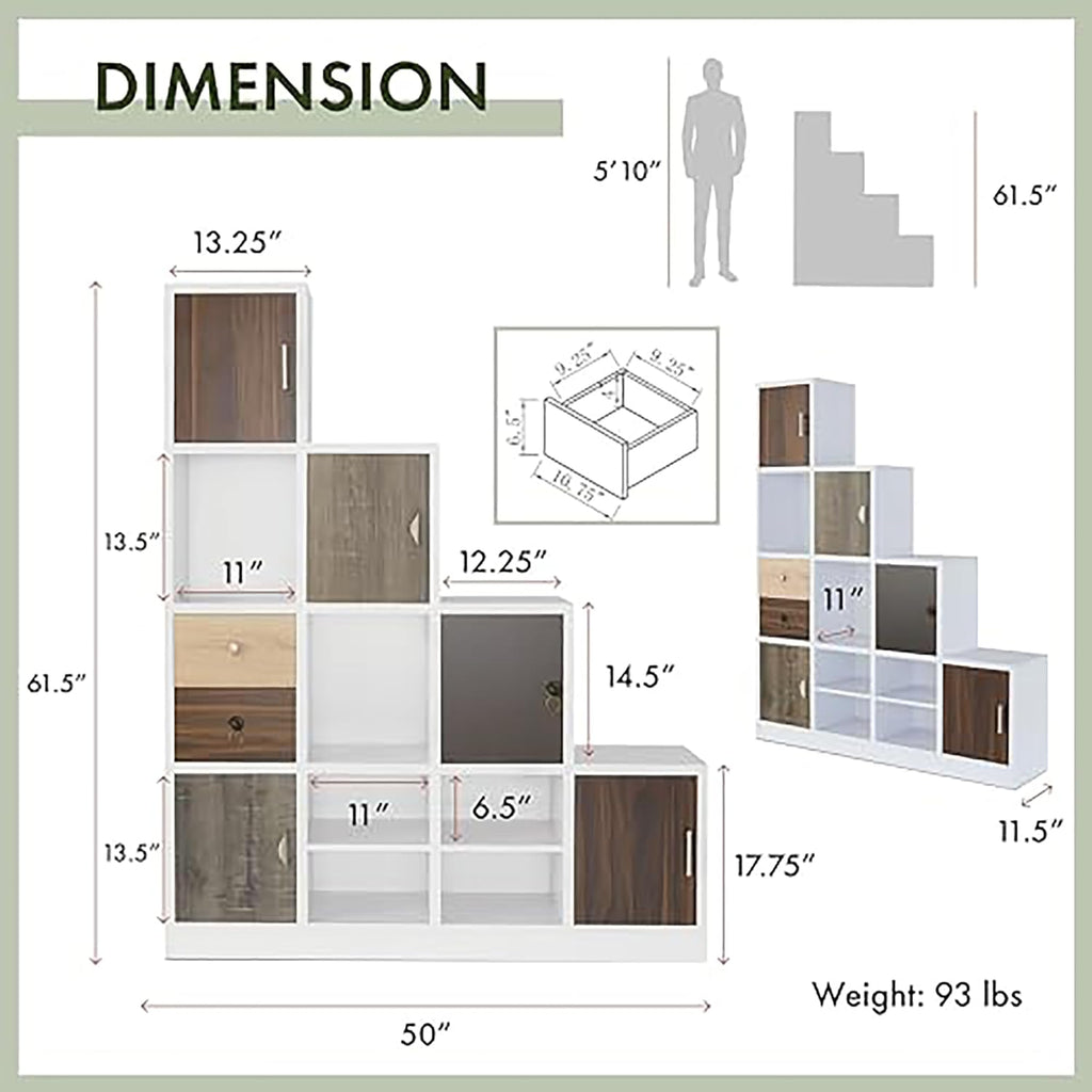 HOMES: Inside + Out Catrina Modern 10-Cube Storage Bookcase with Drawer, L Shaped Ladder Corner Staircase Display Shelves, 4-Tier Organizer Shelf for Living Room , Bedroom, Office, Apartment, White
