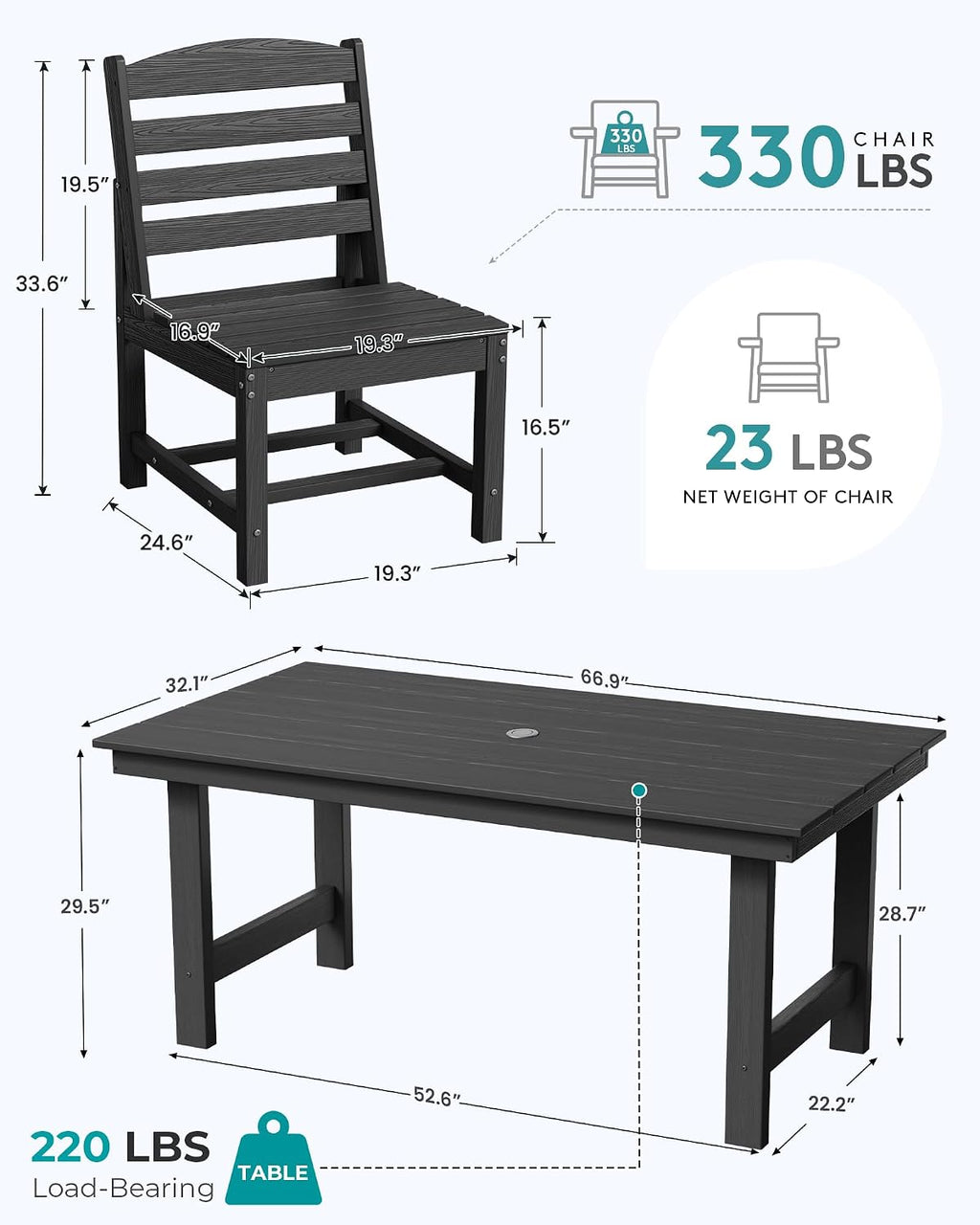 SERWALL Patio Dining Sets for 6 Person, HDPE Dining Set with 6 Armless Chairs, Black