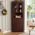 FiveWillowise 67''H Dark Brown Tall Corner Storage Cabinet with 4 Tempered Glass Doors and Barn Doors, Home Space Saver Decoration Farmhouse Cabinet with 2 Adjustable Shelves for Kitchen, Living Room