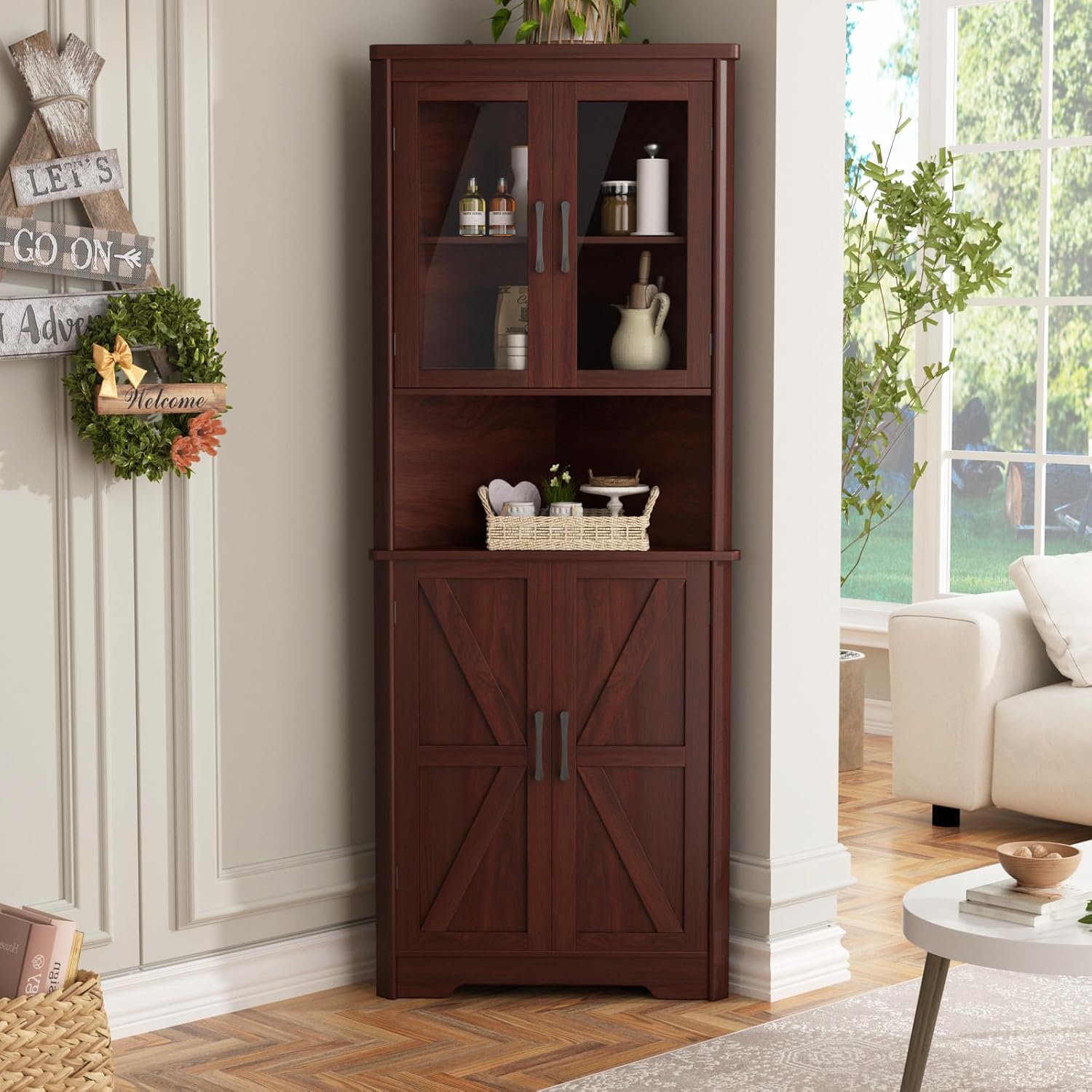 FiveWillowise 67''H Dark Brown Tall Corner Storage Cabinet with 4 Tempered Glass Doors and Barn Doors, Home Space Saver Decoration Farmhouse Cabinet with 2 Adjustable Shelves for Kitchen, Living Room