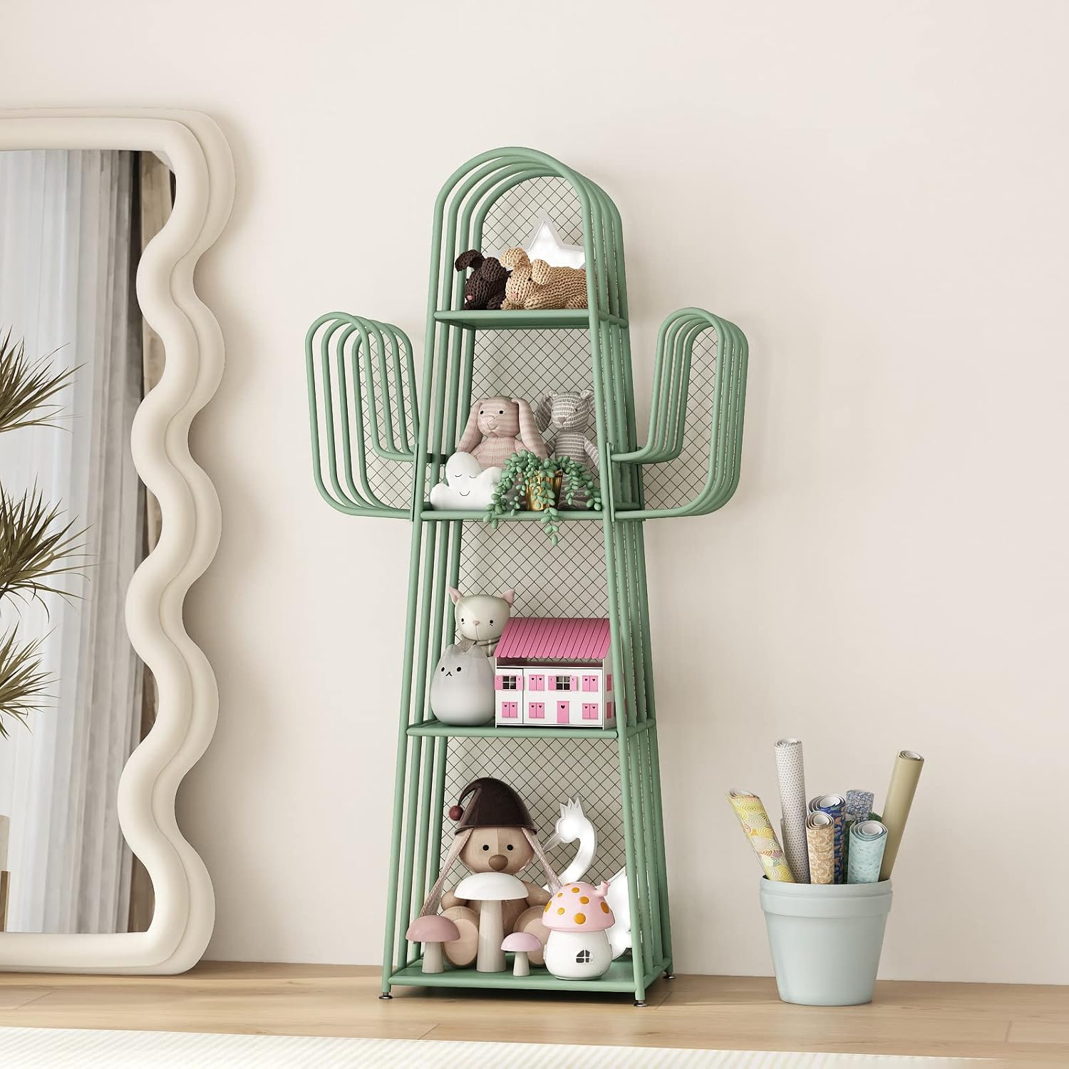 DOORXIF 4-Tier Ladder Green Bookshelves Freestanding, Cactus Bookcase Storage Organizer Closet Corner Metal Display Cabinet, Corner Bookshelf for Small Spaces, Green Bookcase for Bedroom Office