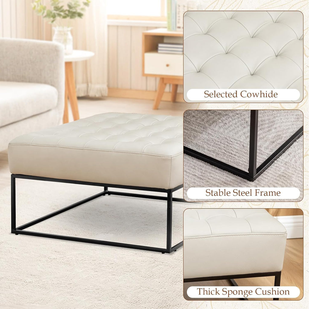 Modern Genuine Leather Square Coffee Table, 30'' Farmhouse Ottoman for Living Room, Large Vintage Genuine Leather Coffee Tables with Leather Upholstered Padded Seat Beige