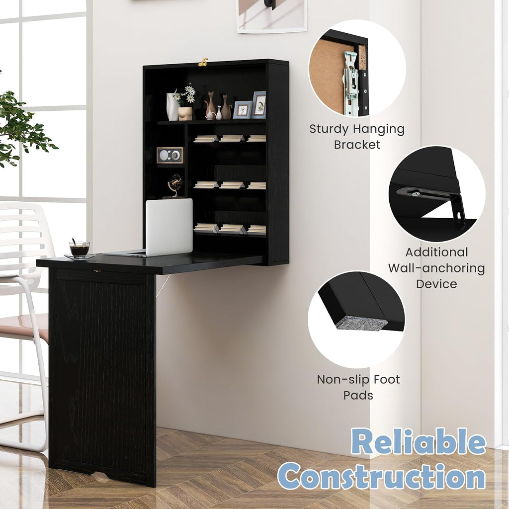 Tangkula Folding Wall Mounted Desk, Convertible Fold Out Floating Table with Storage Shelves, Space-Saving Drop Leaf Table, Murphy Desk for Craft, Study, Small Spaces, Home Office, Dorm, Black