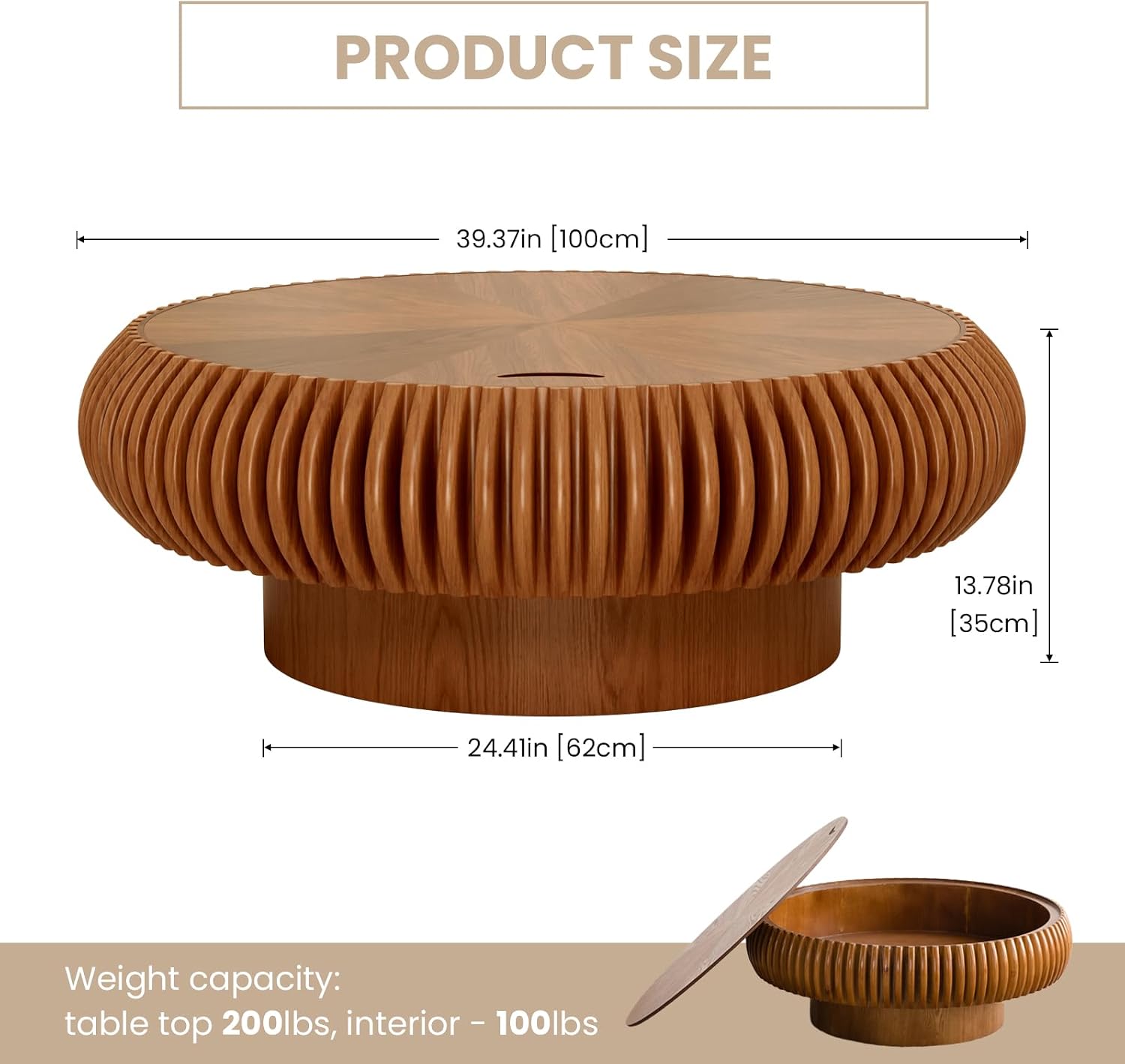 39.37'' Round Fluted Coffee Table with Storage, Modern Wooden Drum Coffee Table, Circle Center Table Accent Tea Table with Sturdy Pedestal for Living Room Apartment Small Space (39.37' Storage Brown)