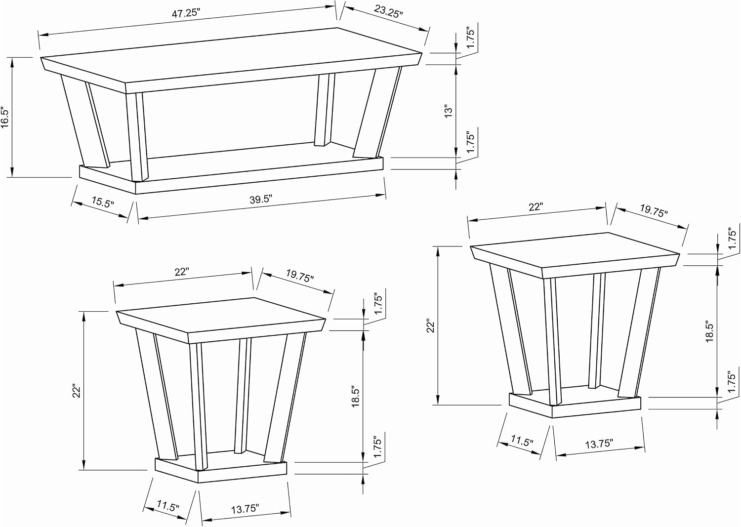 Coaster Home Furnishings - Aminta - Wood - 3-Piece Coffee and End Table Set with Beveled Tops, Angled Legs, and Flush Squared Base - Contemporary Style - Living Room - Black - 753434