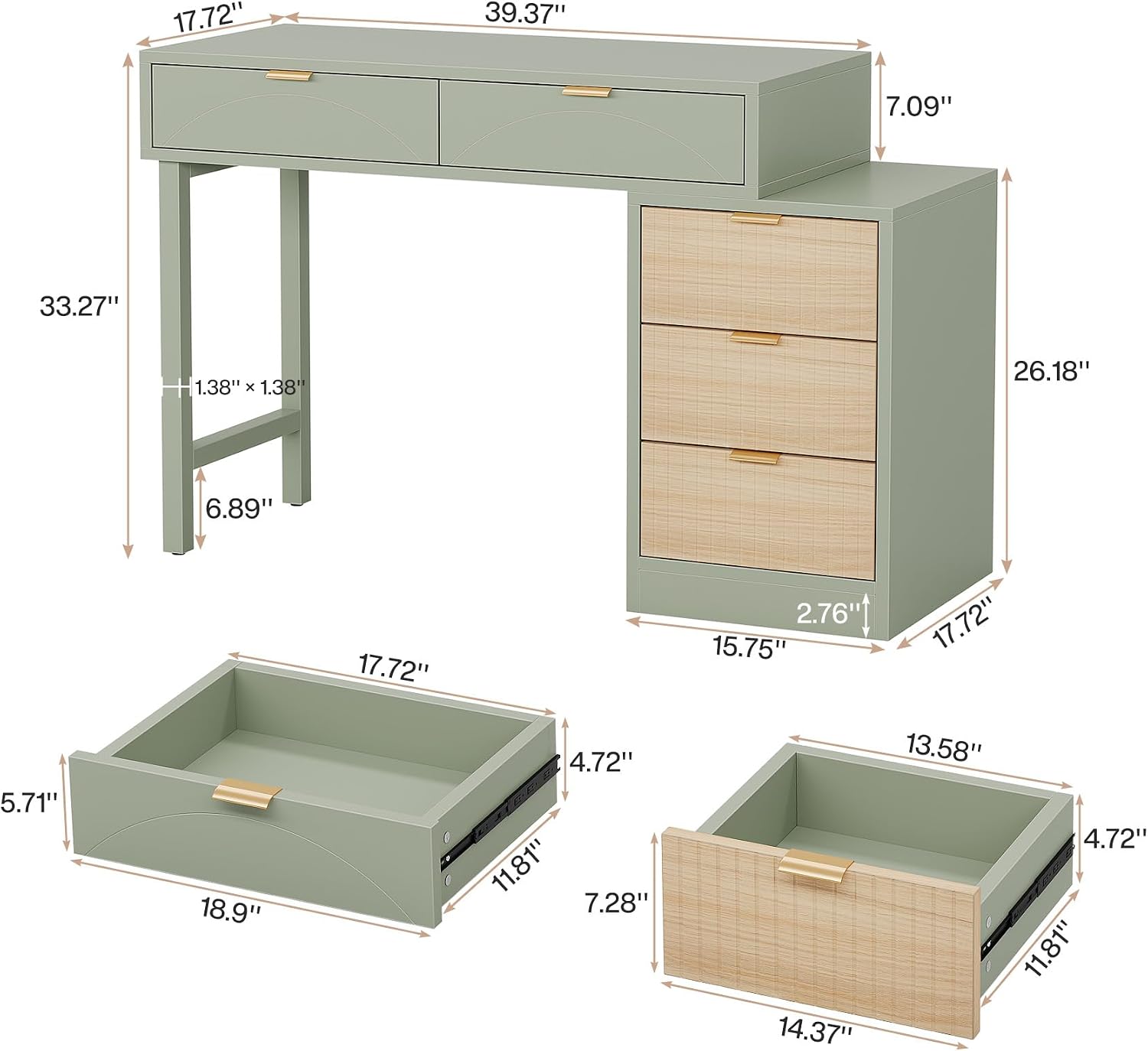 Tribesigns Computer Desk with 5 Drawers, Reversible Small Writing Desk with Storage, Modern Wooden Study Table Workstation for Home Office, Small Spaces, Mint Green