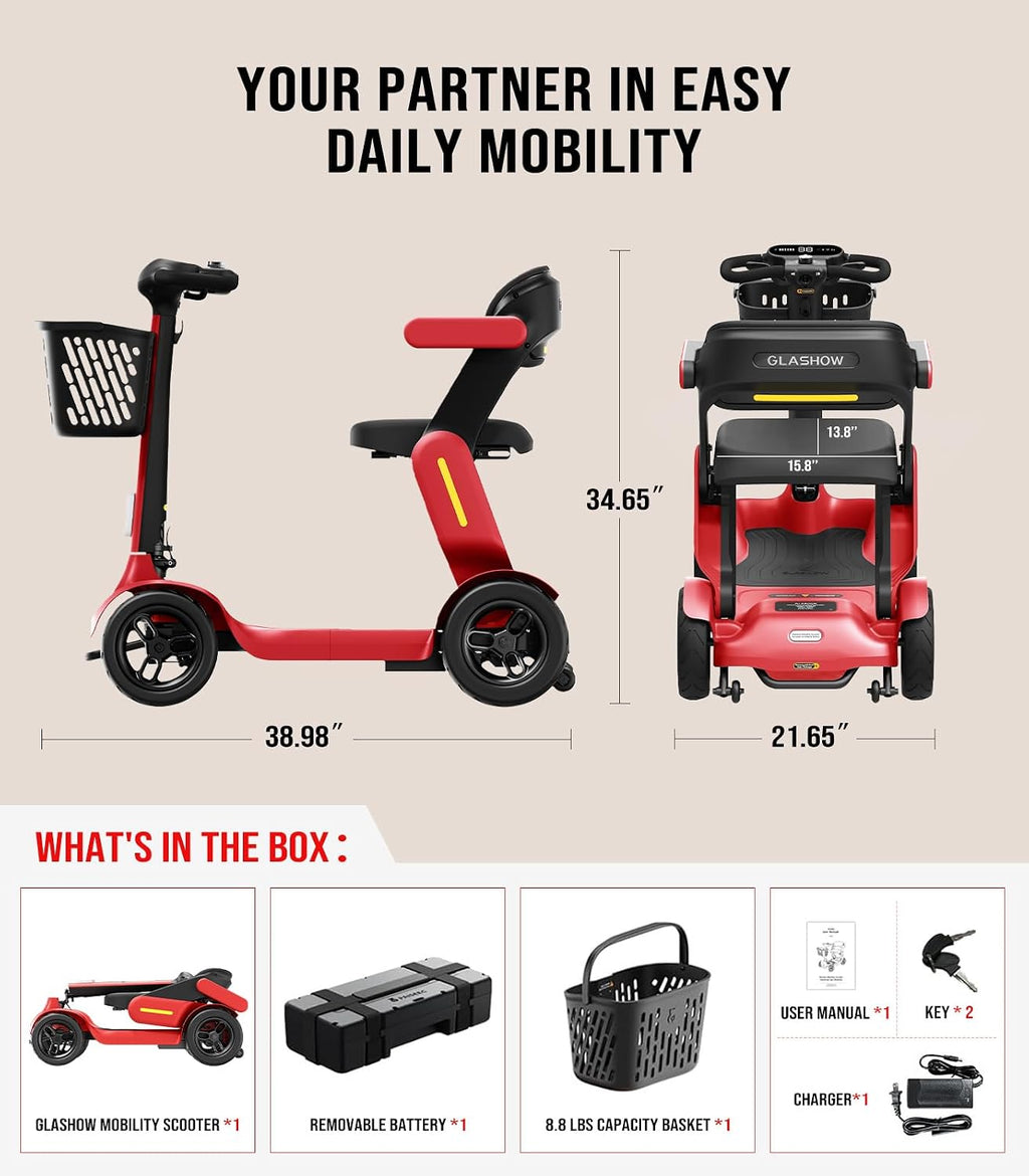 Glashow S3 Foldable Mobility Scooter for Seniors and Adults – 4-Wheel Lightweight Electric Scooter, 25-Mile Range, 6 mph Max Speed, 265 lb Capacity, PAI Safety System for Outdoor Travel- Red
